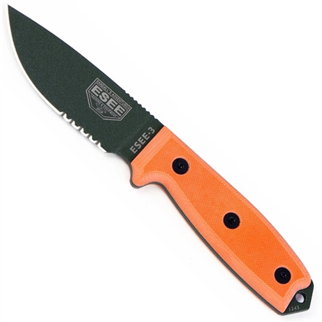 ESEE Knives RC3S Fixed Blade Knife, Olive Drab Blade, Part Serrated, Orange Linen Micarta Handle, ESEE-3SOD 3 ESEE Knives RC3S Fixed Blade Knife, Olive Drab Blade, Part Serrated, Orange Linen Micarta Handle, ESEE-3SOD