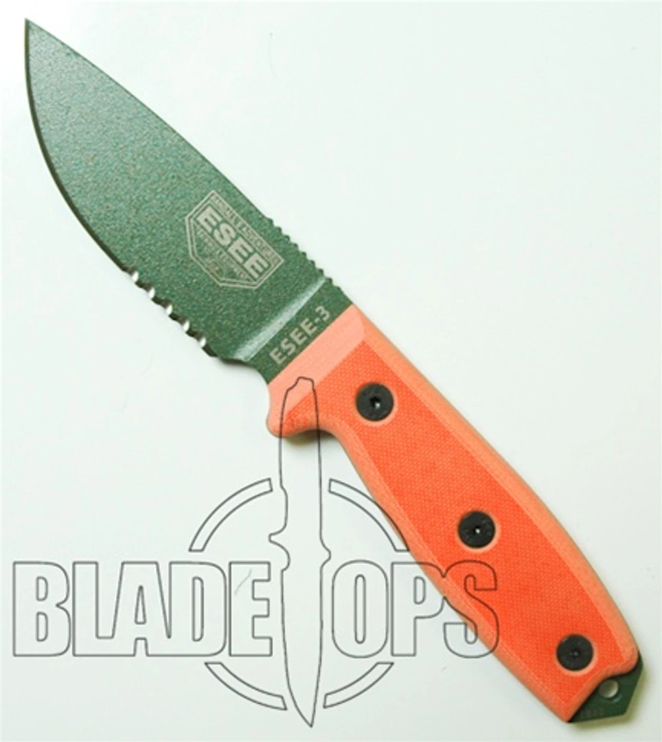 ESEE Knives RC3S Fixed Blade Knife, Olive Drab Blade, Part Serrated, Orange Linen Micarta Handle, ESEE-3SOD 4 ESEE Knives RC3S Fixed Blade Knife, Olive Drab Blade, Part Serrated, Orange Linen Micarta Handle, ESEE-3SOD - Image 2