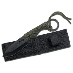 Survivor Knives HK-735 Army Green Finger Ring Paracord Fixed Blade Knife & Fire Starter, Black Blade