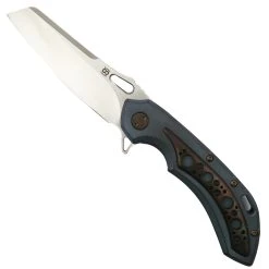 Olamic Cutlery Blue Wash Entropic Antique Titanium Inlay Wayfarer 247 Knife, Satin Sheepscliffe Blade