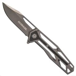 Schrade Dark Grey Cage Flipper Knife, Black G-10, Dark Grey Blade