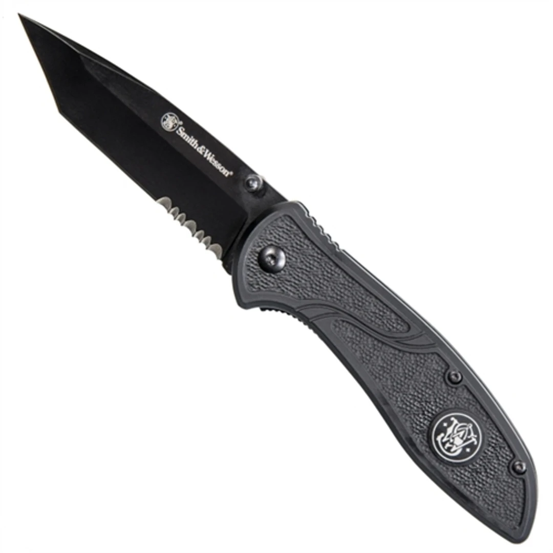 Smith & Wesson Textured Tanto Folder Knife, Black Combo Blade 3 Smith & Wesson Textured Tanto Folder Knife, Black Combo Blade