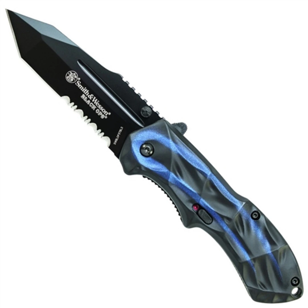 Smith & Wesson Black Ops Spring Assist Knife, Blue Handle, Tanto Black Part Ser Blade, BLOP3TBLS 3 Smith & Wesson Black Ops Spring Assist Knife, Blue Handle, Tanto Black Part Ser Blade, BLOP3TBLS